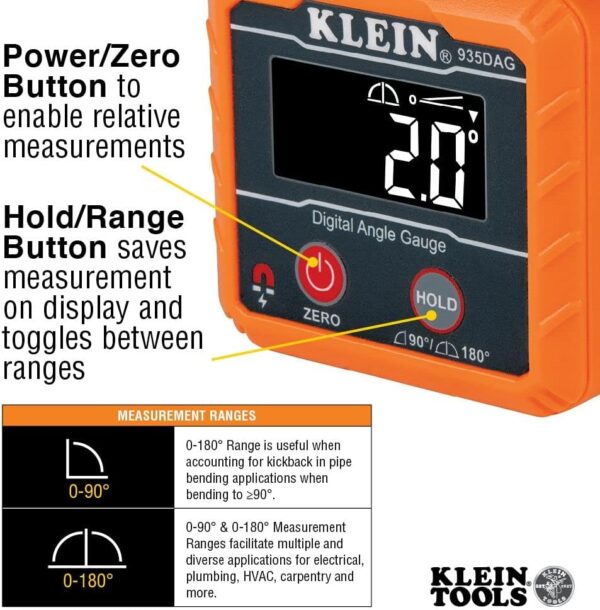 Klein Tools 935DAG Digital Electronic Level and Angle Gauge, Measures 0 - 90 and 0 - 180 Degree Ranges, Measures and Sets Angles - Image 3