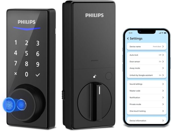 Philips Smart Lock with App Control, Fingerprint Smart Door Lock, Keyless Entry Door Lock, Smart Bluetooth Deadbolt Replacement, Auto Lock, Passcode Code Door Lock, Digital Keypad Deadbolt-Matte Black