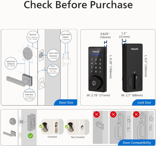 Philips Smart Lock with App Control, Fingerprint Smart Door Lock, Keyless Entry Door Lock, Smart Bluetooth Deadbolt Replacement, Auto Lock, Passcode Code Door Lock, Digital Keypad Deadbolt-Matte Black - Image 8