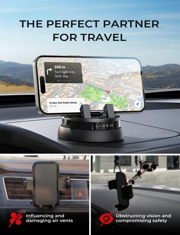 LISEN Car Phone Holder Dashboard, 360° Rotatable Dashboard Cell Phone Holder,Multifunctional Car Phone Mount iPhone Compatible with iPhone 15 Pro Max/14/13/12, Samsung S24/23/22 - Image 2