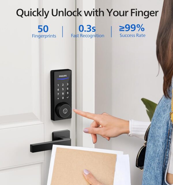 Philips Smart Lock with App Control, Fingerprint Smart Door Lock, Keyless Entry Door Lock, Smart Bluetooth Deadbolt Replacement, Auto Lock, Passcode Code Door Lock, Digital Keypad Deadbolt-Matte Black - Image 2