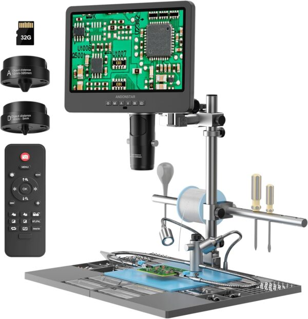 Andonstar AD249S-M Plus 10.1'' HDMI Soldering Digital Microscope for Electronics Repair, 2000x 3 Lens 2160P UHD Video Record, Soldering Microscope Station with Helping Hands, Slides, 32GB Card