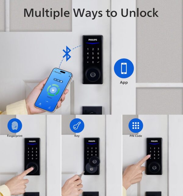 Philips Smart Lock with App Control, Fingerprint Smart Door Lock, Keyless Entry Door Lock, Smart Bluetooth Deadbolt Replacement, Auto Lock, Passcode Code Door Lock, Digital Keypad Deadbolt-Matte Black - Image 3