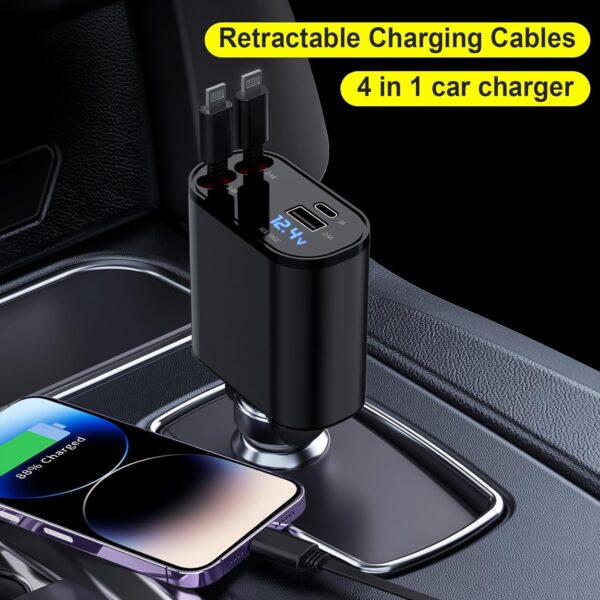 Retractable Car Charger, 4 in 1 Fast Charging Car Charger 60W, 2 Retractable iPhone Charger Cables and USB Car Charger Compatible with iPhone 15/14/13/12/11 Pro Max - Image 2