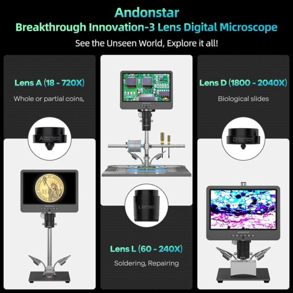 Andonstar AD249S-M Plus 10.1'' HDMI Soldering Digital Microscope for Electronics Repair, 2000x 3 Lens 2160P UHD Video Record, Soldering Microscope Station with Helping Hands, Slides, 32GB Card - Image 2