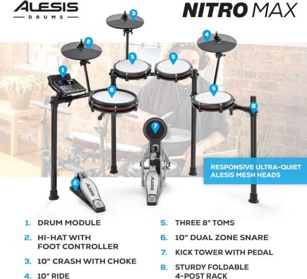 Alesis Nitro Max Kit Electric Drum Set with Quiet Mesh Pads, 10" Dual Zone Snare, Bluetooth, 440+ Authentic Sounds, Drumeo, USB MIDI, Kick Pedal - Image 4