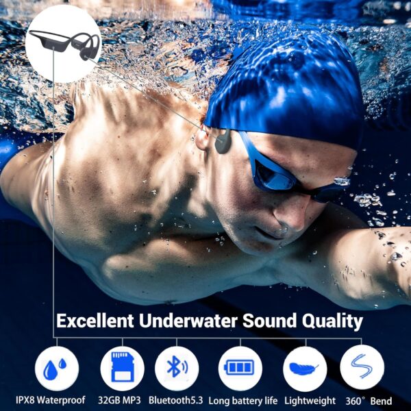 BZOJIFO Bone Conduction Headphones, Underwater Headphones for Swimming, with MP3 Player Built-in 32G Memory, IPX8 Waterproof, Wireless Bluetooth 5.3 Open Ear Headphones for Running, Cycling, Gym - Image 3