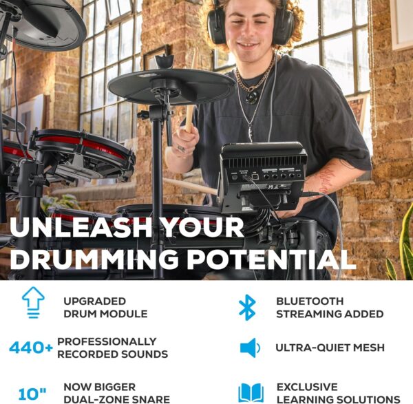 Alesis Nitro Max Kit Electric Drum Set with Quiet Mesh Pads, 10" Dual Zone Snare, Bluetooth, 440+ Authentic Sounds, Drumeo, USB MIDI, Kick Pedal - Image 2