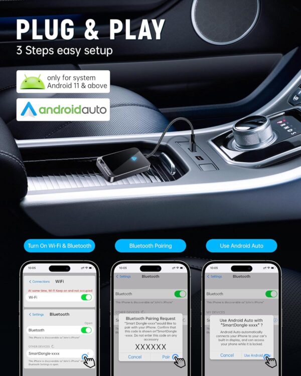 Android Auto Wireless Adapter for Factory Wired Android Auto Car, Instant Connection Converts Wired to Wireless, Wireless Android Auto Dongle Fit for Android 11+ & Cars from 2017 - Image 2